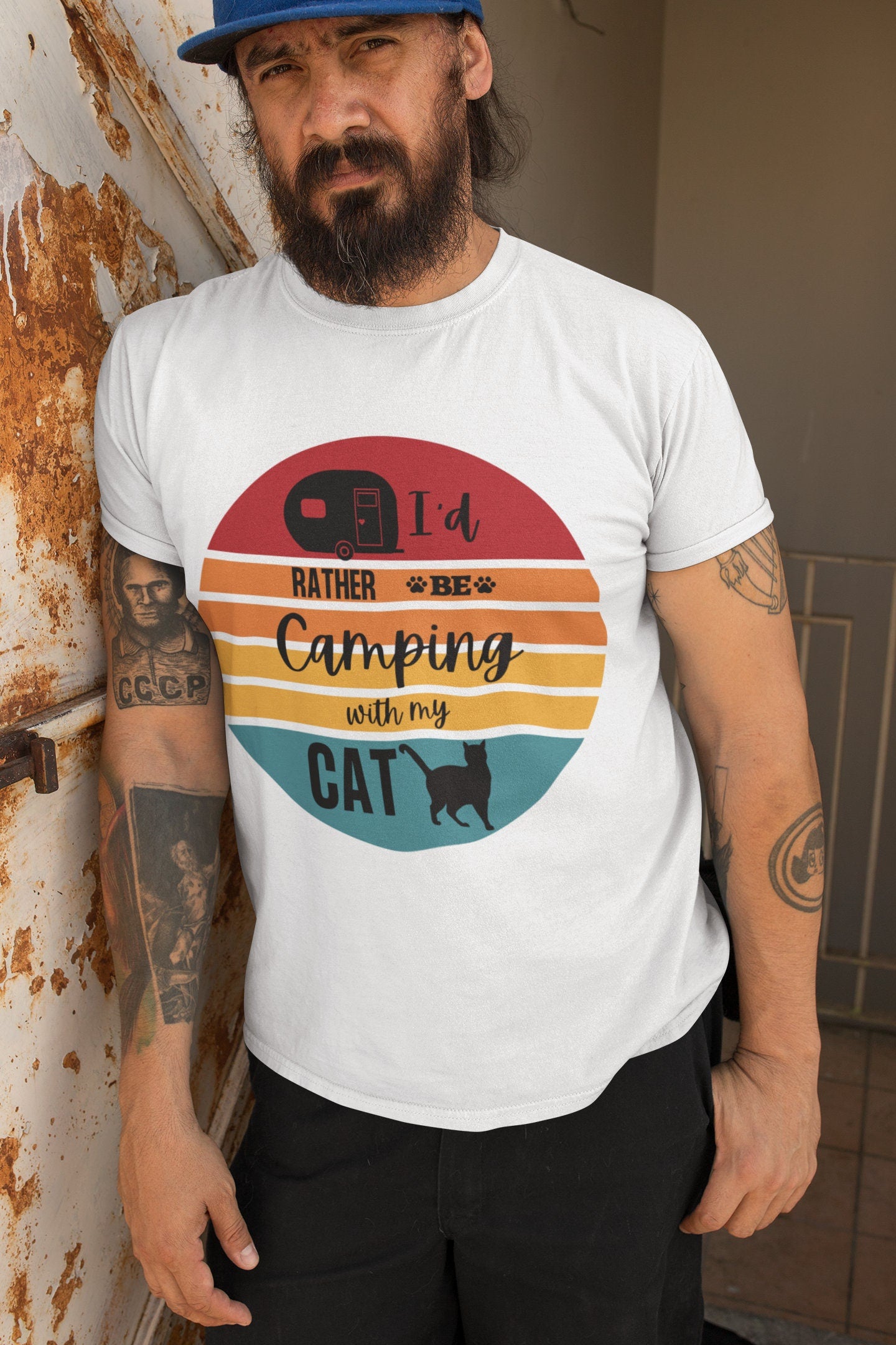 I'd Rather Be Camping with My Cat Retro Sunset Graphic | Short-Sleeve Unisex T-Shirt