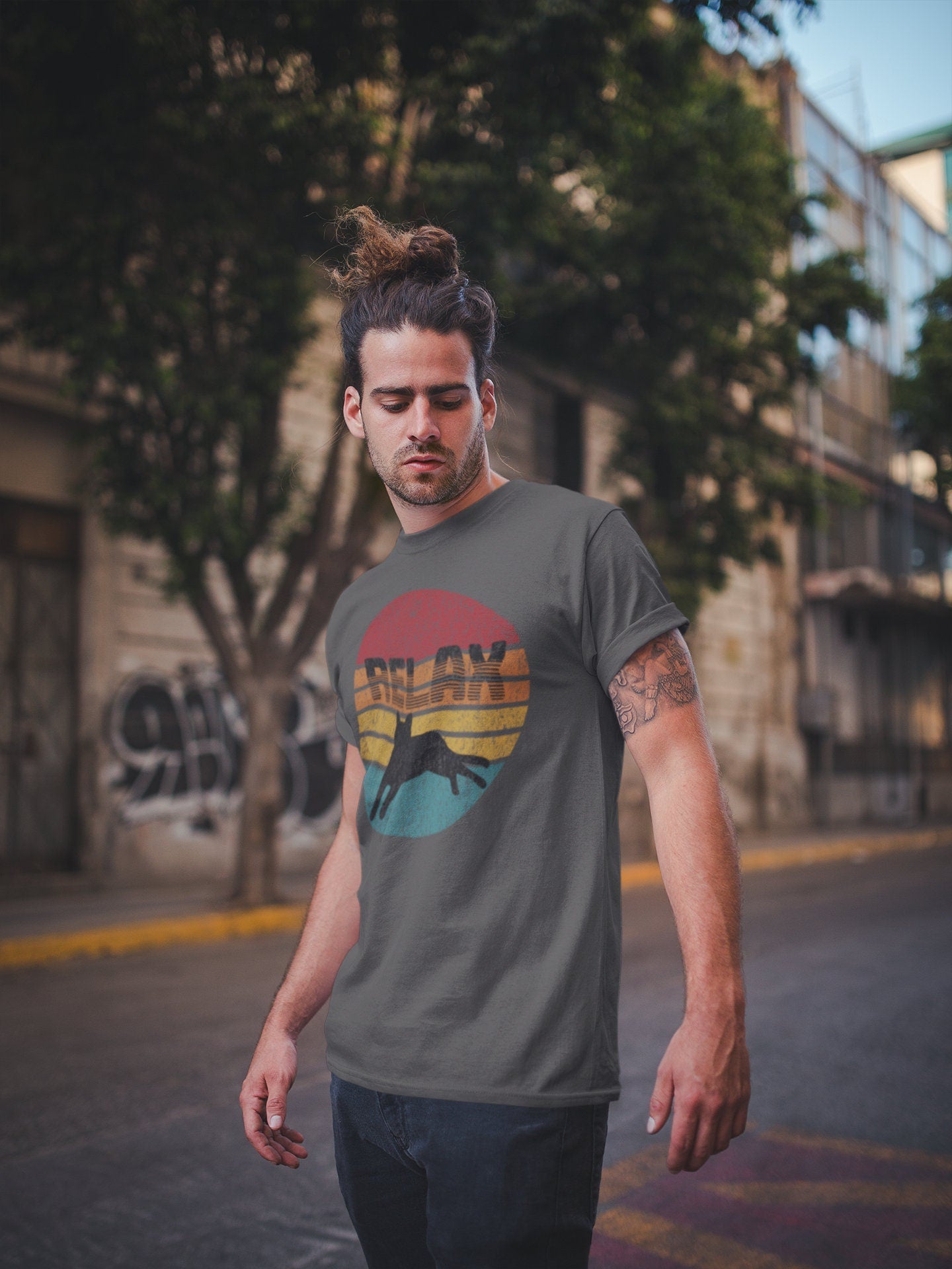 Black Cat Relax Retro Sunset Graphic | Short-Sleeve Unisex T-Shirt