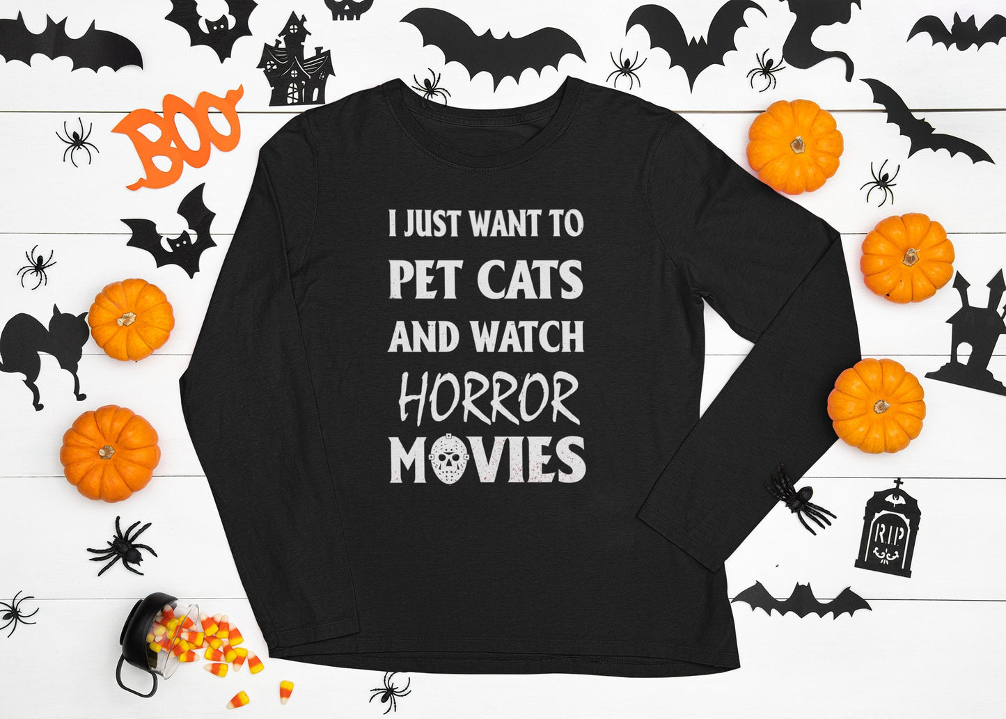 I Just Want to Pet Cats and Watch Horror Movies, Horror Movie Shirt, Cat Dad Shirt, Halloween Cat Dad Shirt, Ultra Cotton Long Sleeve Tee
