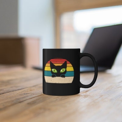 Green Cat Eyes Vintage Black Cat Mug, Cat Dad Mug, Cat Mom Mug, Cat Present, Cat Themed Gift, 11oz Black Mug