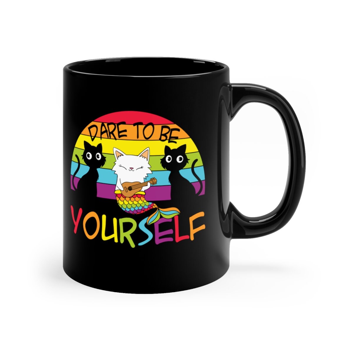 LGBT Mug, Dare to Be Yourself Pride Gay Pride Cat Rainbow, Rainbow Cat LGBT Pride Support 11oz Black Mug