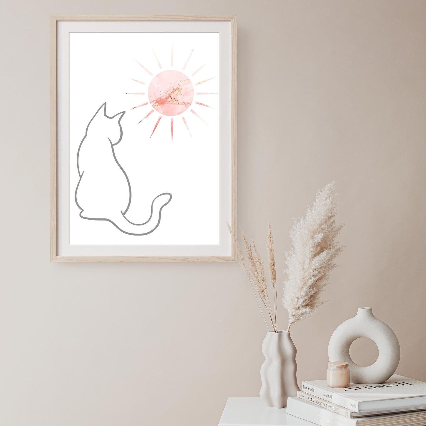 Grey Line Art Cat with Pink Bohemian Celestial Sun Wall Art Printable Canvas Poster Decor for Living Room Bedroom