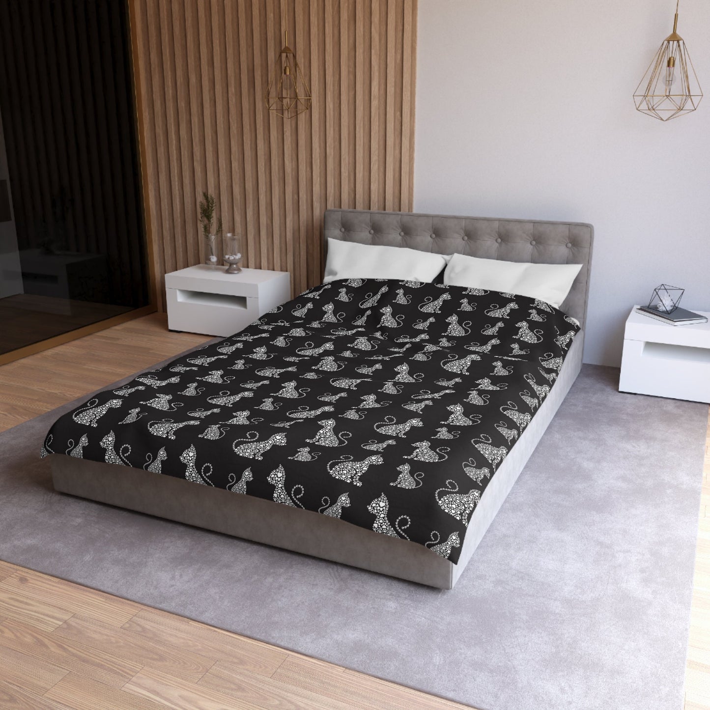 White Boho Cat Pattern on Black Microfiber Duvet Cover