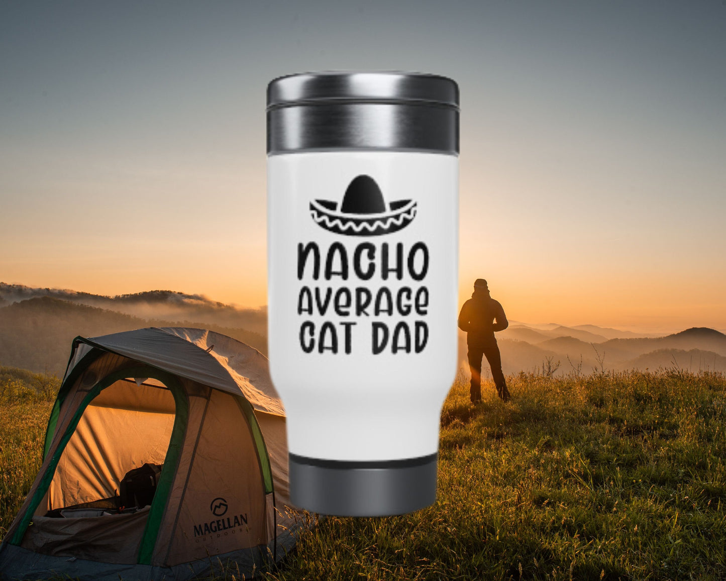 Nacho Average Cat Dad Stainless Steel Travel Mug with Handle, Best Cat Dad Gift, Cat Present, Funny Cat Mug for Him