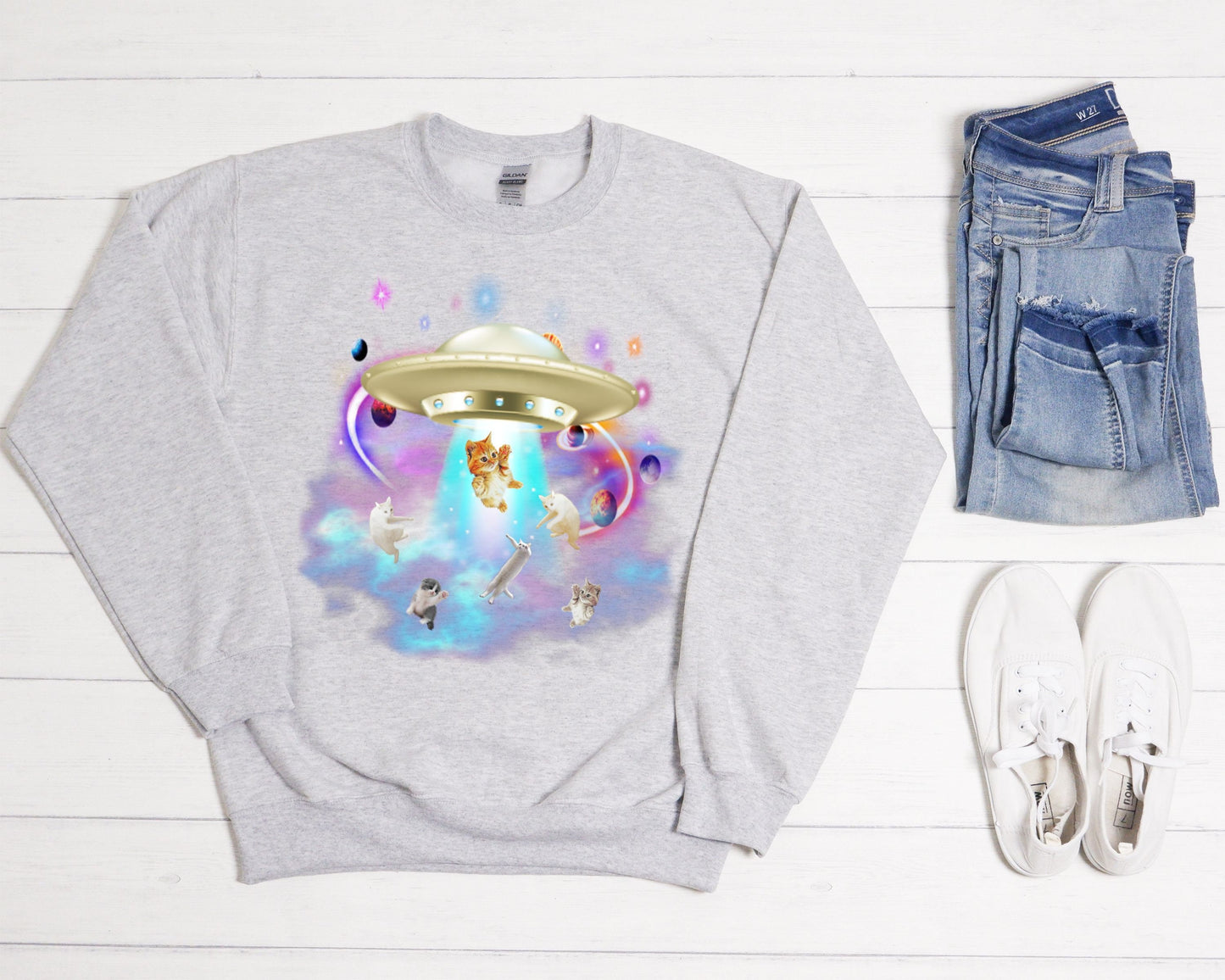 Cat UFO Abduction Unisex Heavy Blend Crewneck Sweatshirt, Funny UFO Cat Shirt, Catduction Gift for Cat Lovers
