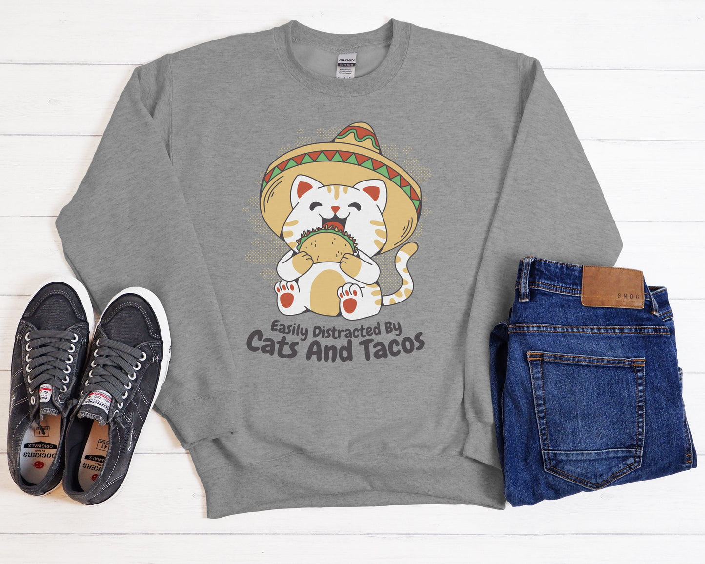Funny Cats and Tacos Sweatshirt, Easily Distracted by Cats Shirt, Cat Mom Dad Lady Gift, Cat Present, Taco Lover Gift