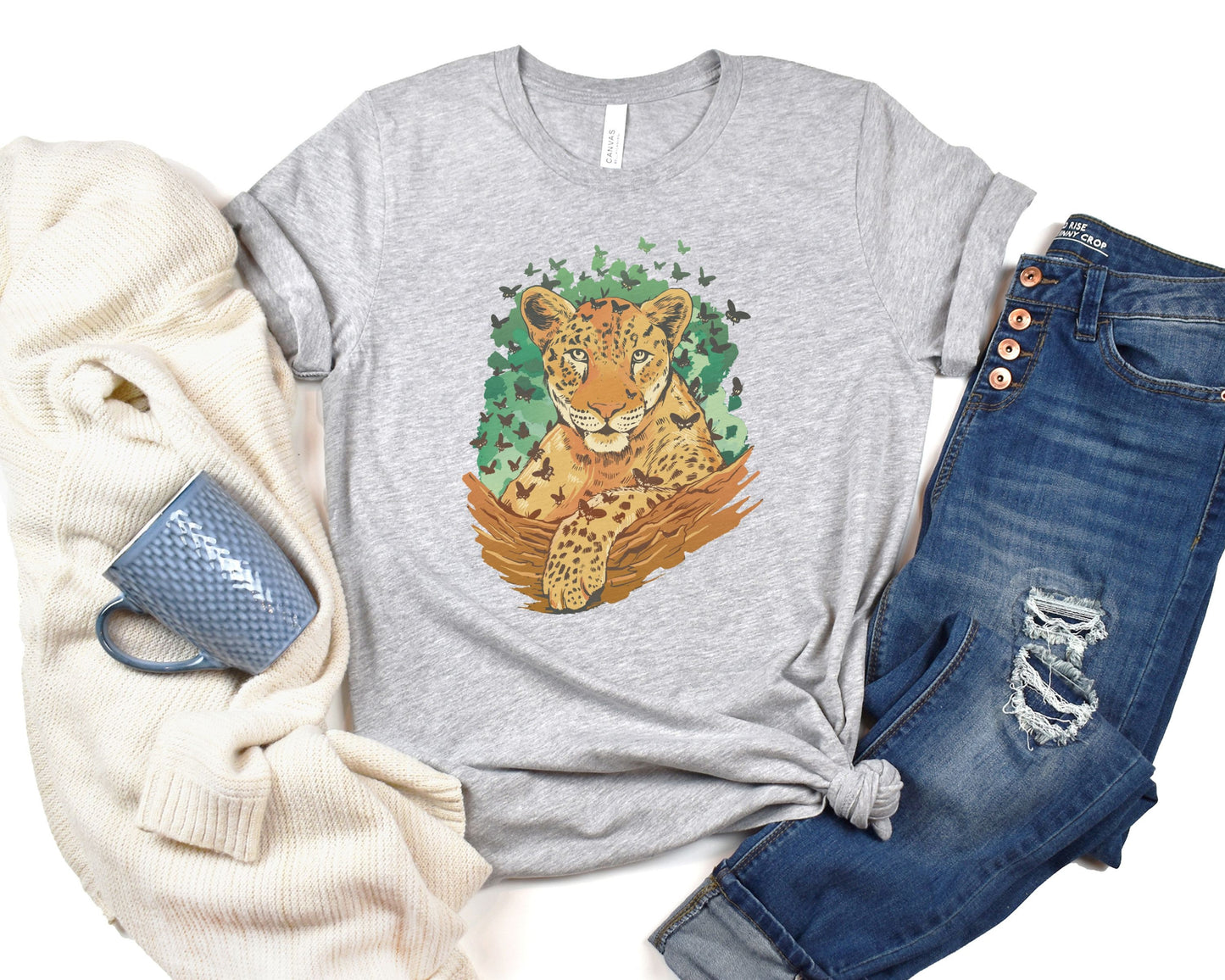 Leopard and Butterflies Tee, Gift for Cat Lovers, Leopard Gift, Butterfly Gift, Gift for Cat Lover, Unisex Jersey Short Sleeve Tee