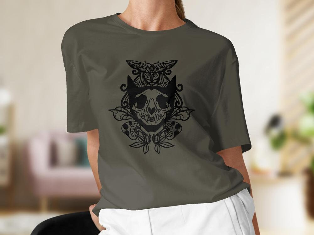 Celestial Cat Skull Tshirt with Mushroom Butterfly, Candy Skull Witchy Tshirt for Women