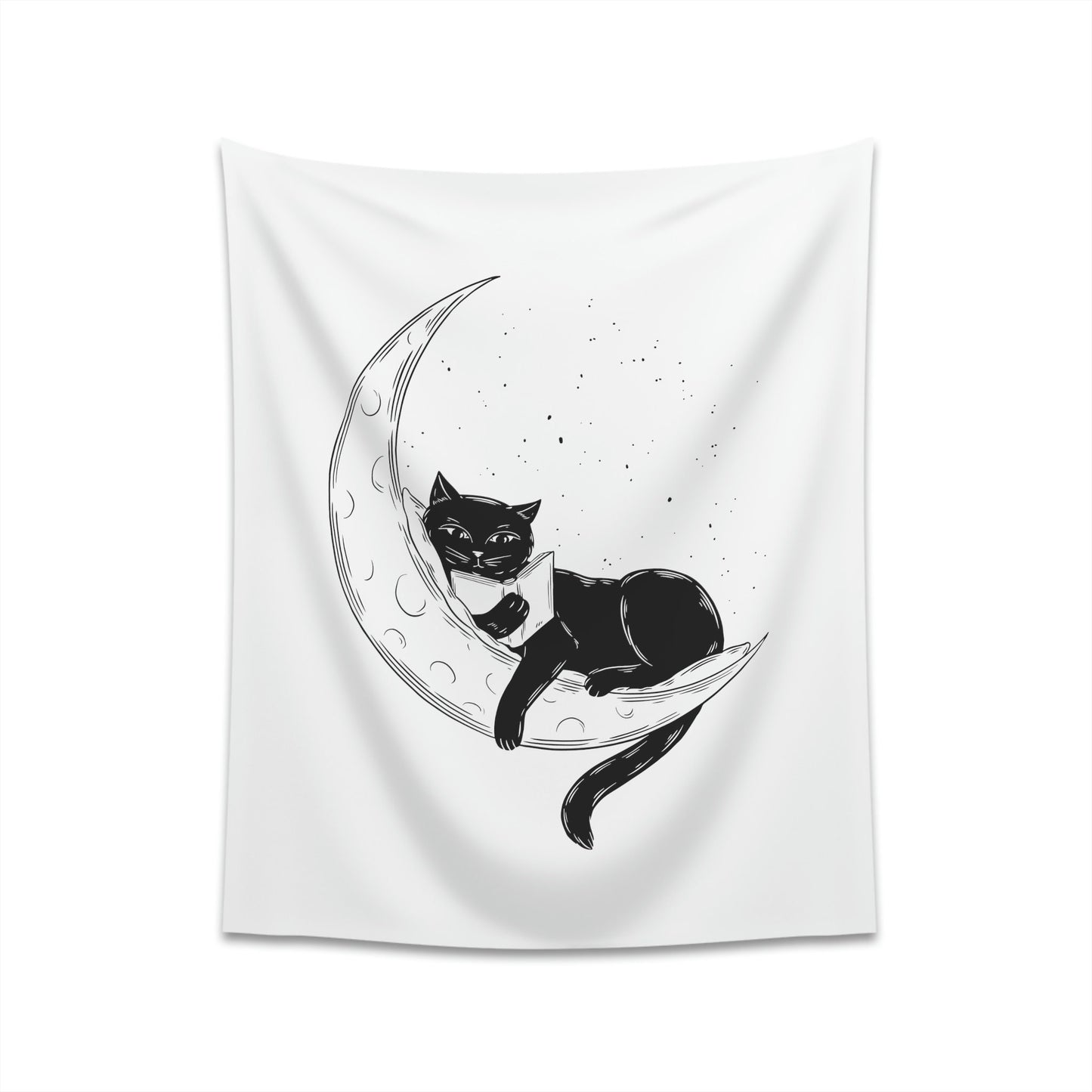 Celestial Cat Wall Tapestry, Black Cat Reading on the Moon, Cool Cat Art for Living Room, Housewarming Gift for Cat Lover