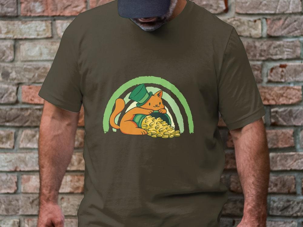 Funny Irish Cat T-Shirt for Cat Lovers, Pot of Gold Shirt, Rainbow Tee, St. Patricks Day Cat Tee, Funny Cat Shirt, Cat Wearing Green Top Hat