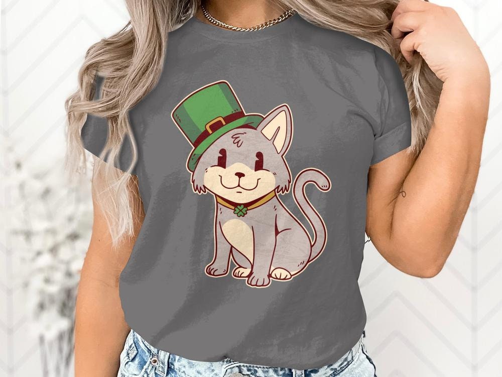 Funny Irish Cat T-Shirt for Cat Lovers, St. Patricks Day Cat Tee, Funny Cat Shirt, Cat Wearing Green Top Hat