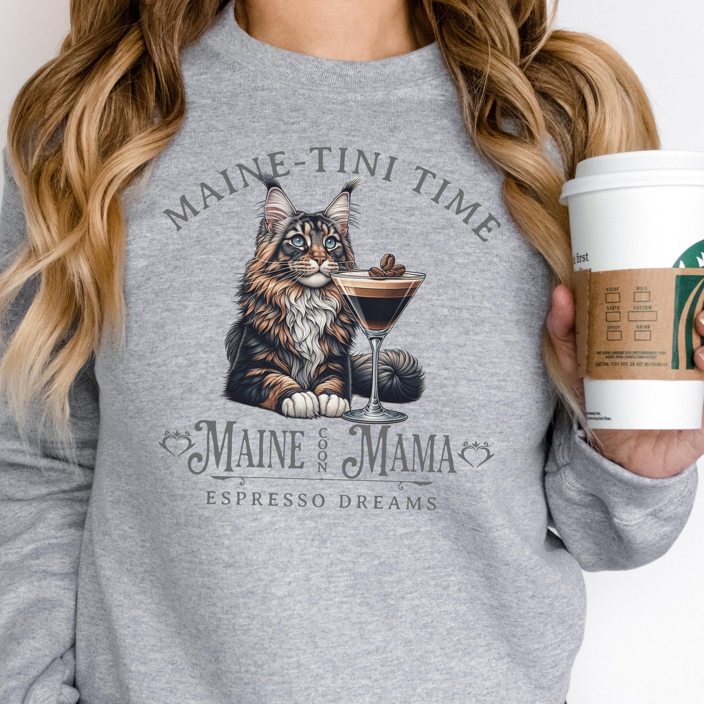 Maine Coon Espresso Cat Sweatshirt Martini TShirt Cat Lover Gift Cozy Apparel Maine Coon Lover Hoodie Custom Cat Top Cocktail Cat Fashion