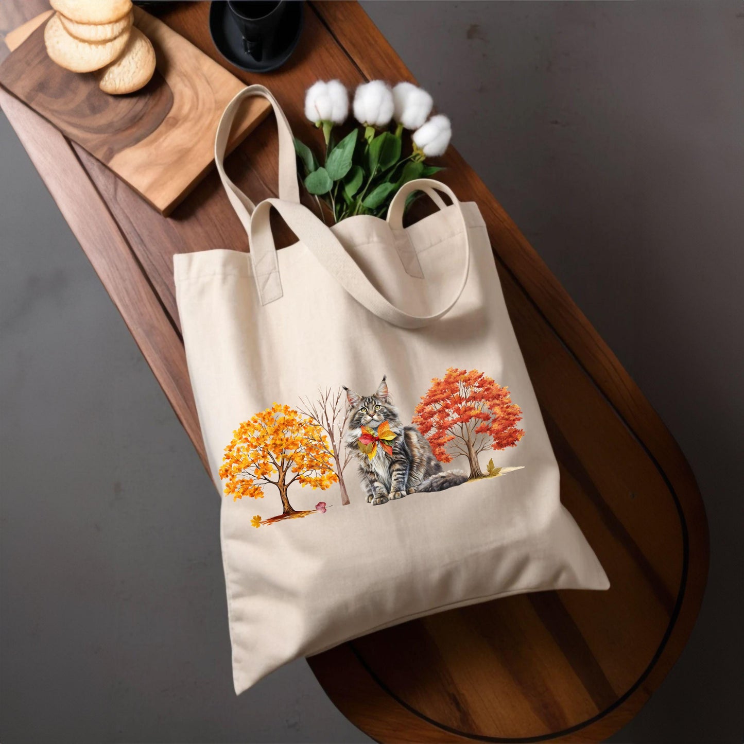 Maine Coon Cat Tote Bag Cotton Canvas Carryall Custom Cat Shopper Eco-Friendly Cat Gift Durable Feline Design Reusable Maine Coon Satchell