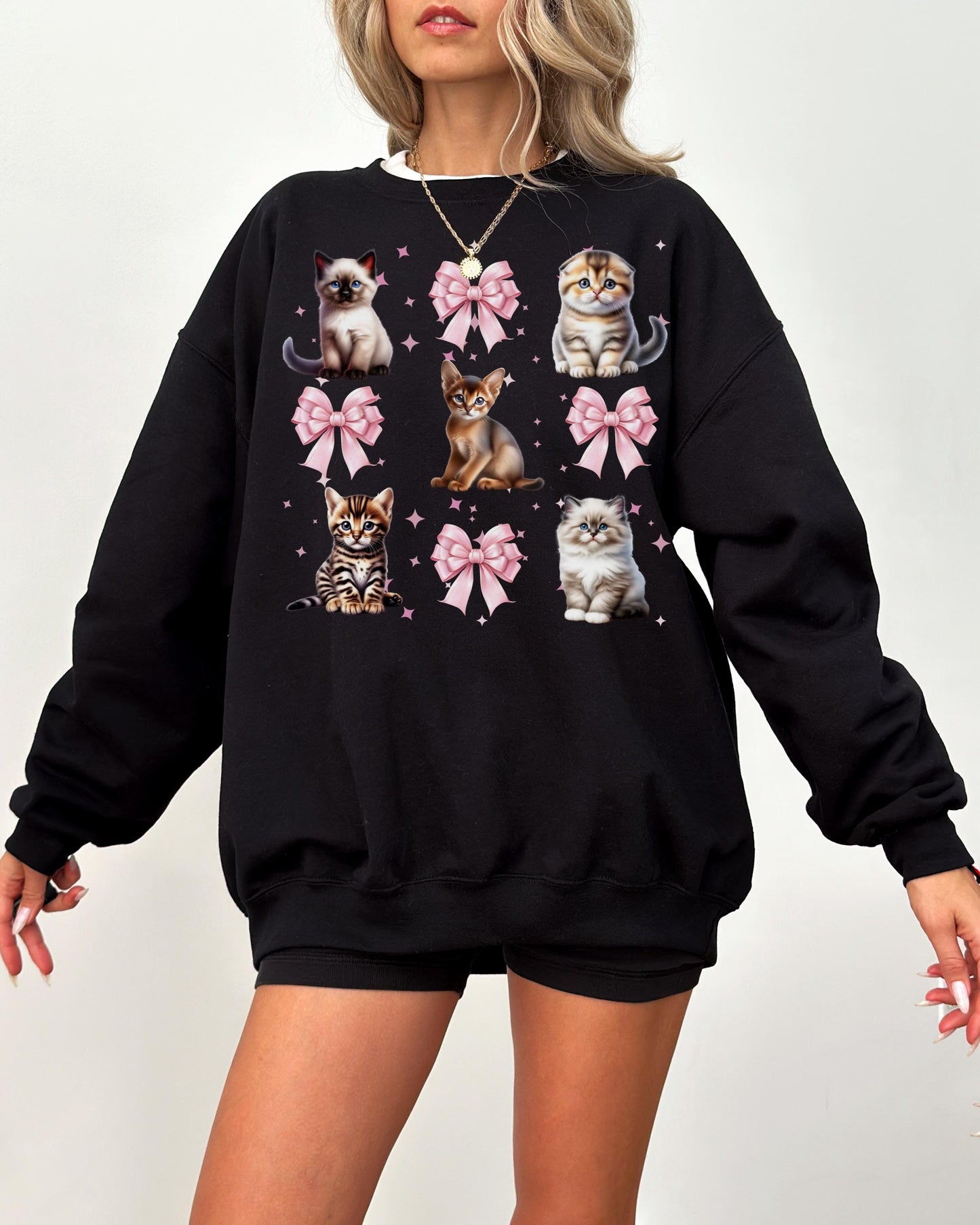 Coquette Kitten Sweatshirt Pretty Pink Bows and Kittens Shirt Abysinian Bengal Ragdoll Scottish Fold Crewneck Soft Cat Lover Gift Sweater