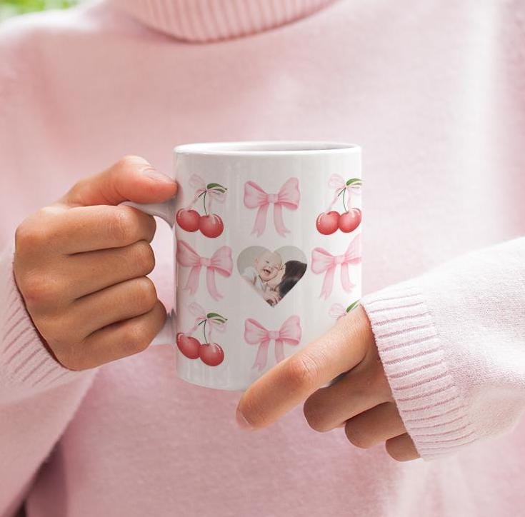 Personalized Gift for Mom Coquette Mama Mug with Childs Name & Photo Heart Photo Cherry Cup Valentines Day Custom Mothers Day Keepsake Mug