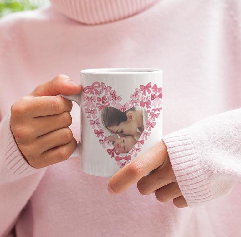 Personalized Gift for Mom Coquette Mama Mug with Childs Name & Photo Heart Photo Coffee Cup Valentines Day Custom Mothers Day Keepsake Mug
