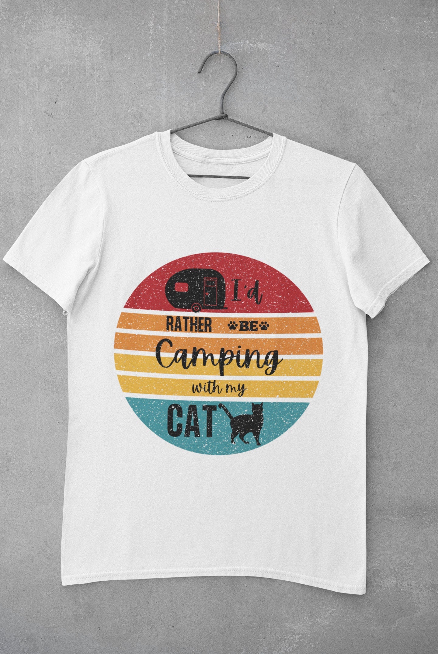 I'd Rather Be Camping with My Cat Retro Sunset Graphic | Short-Sleeve Unisex T-Shirt