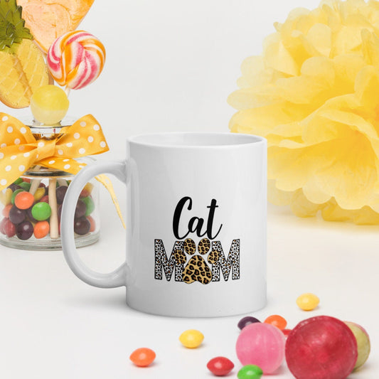 Leopard Print Cat Mom | White glossy mug