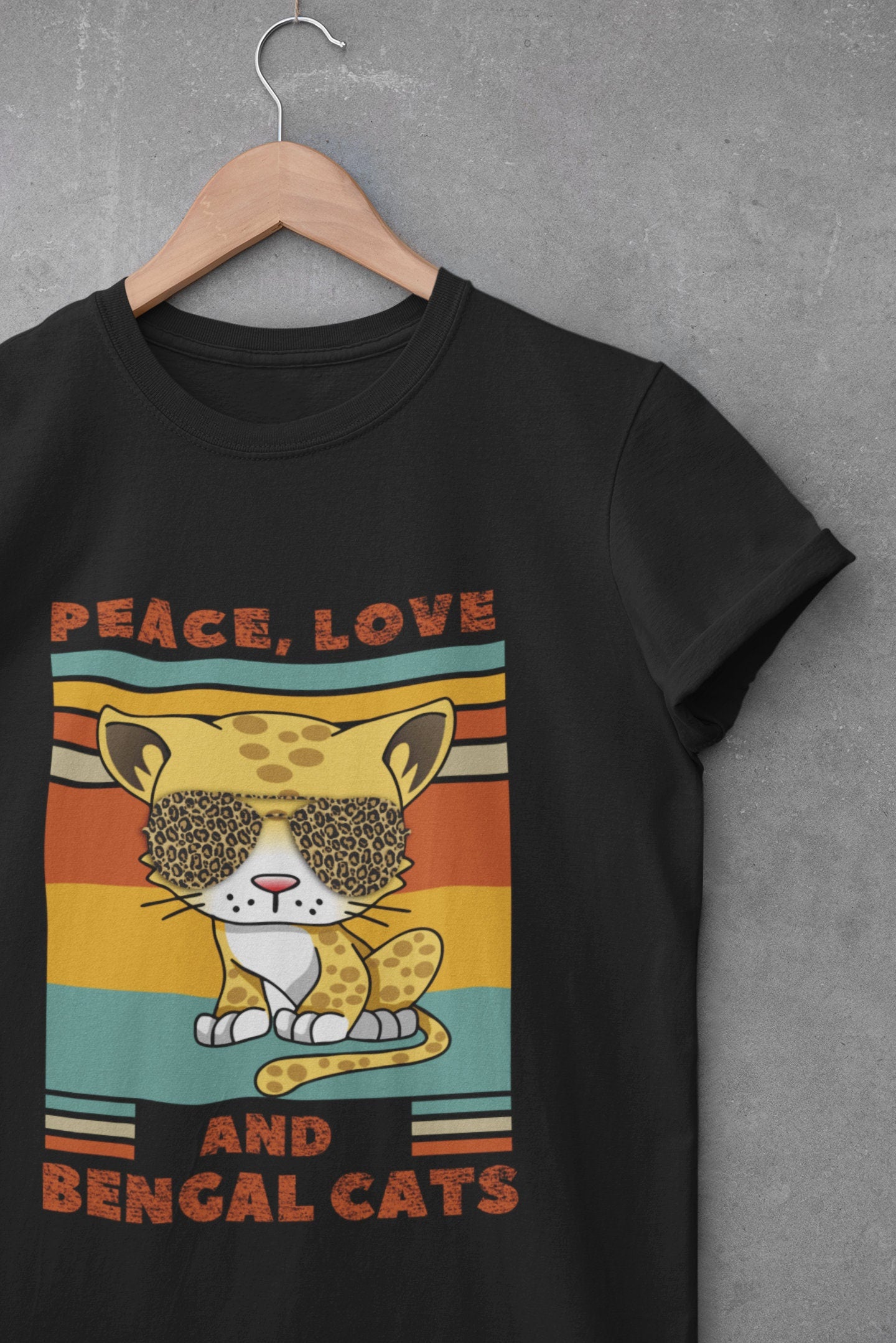 Peace, Love, and Bengal Cats | Retro Graphic Leopard Cat in Shades | Short-Sleeve Unisex T-Shirt