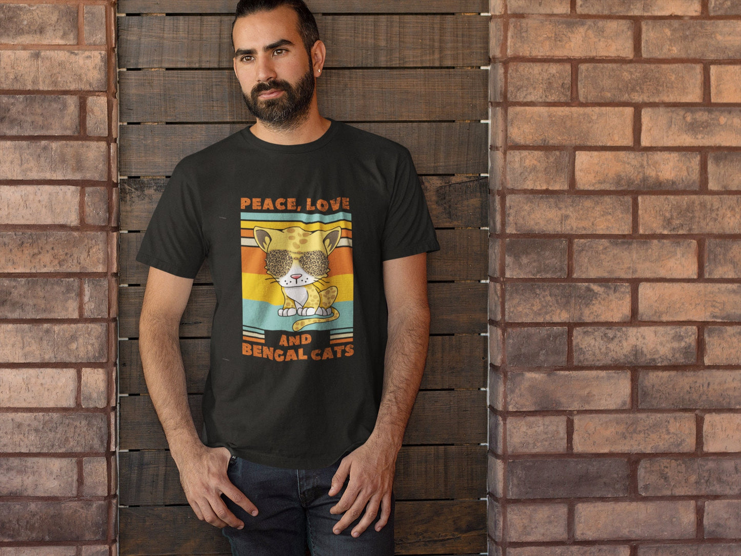 Peace, Love, and Bengal Cats | Retro Graphic Leopard Cat in Shades | Short-Sleeve Unisex T-Shirt