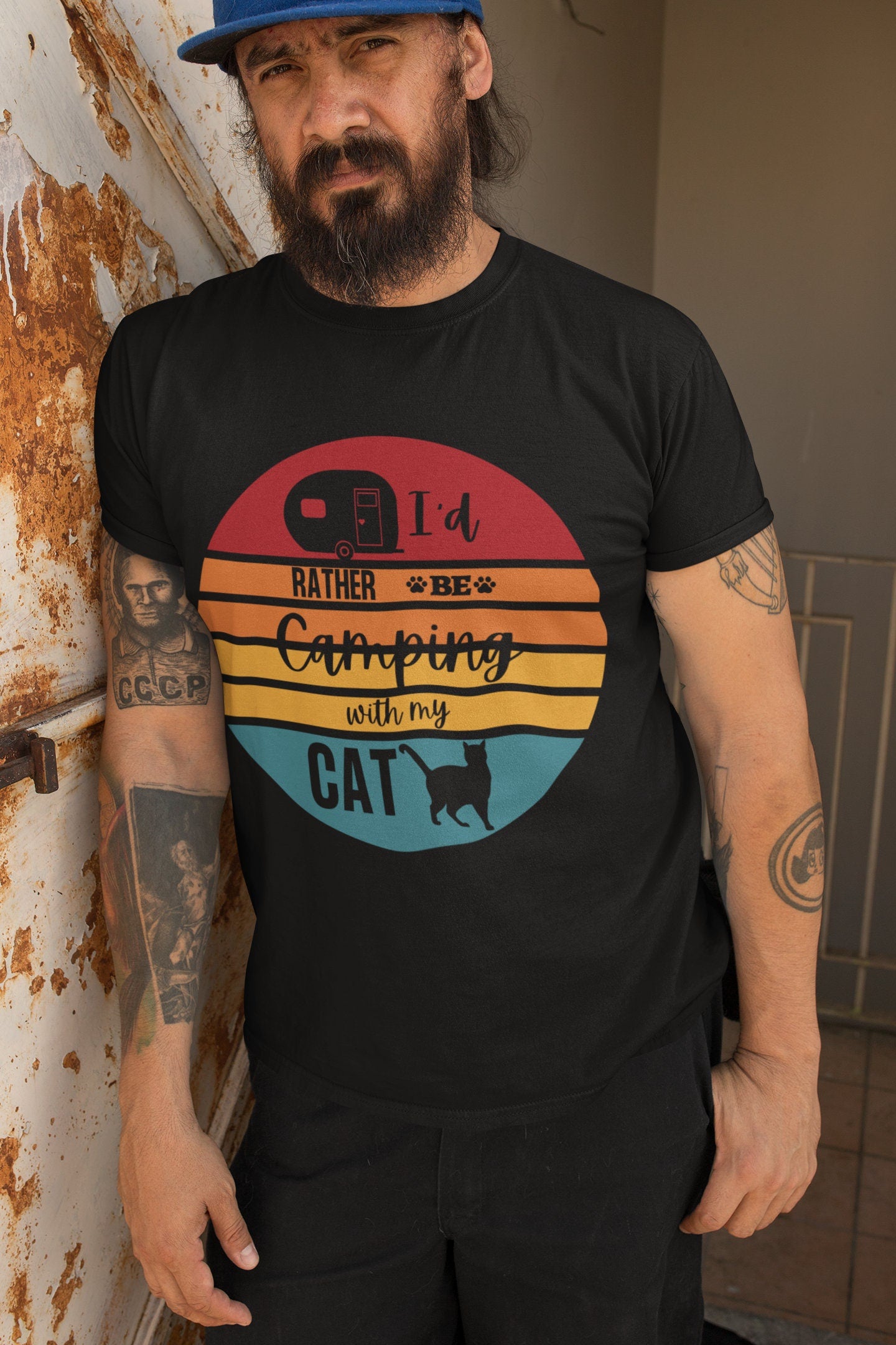 I'd Rather Be Camping with My Cat Retro Sunset Graphic | Short-Sleeve Unisex T-Shirt