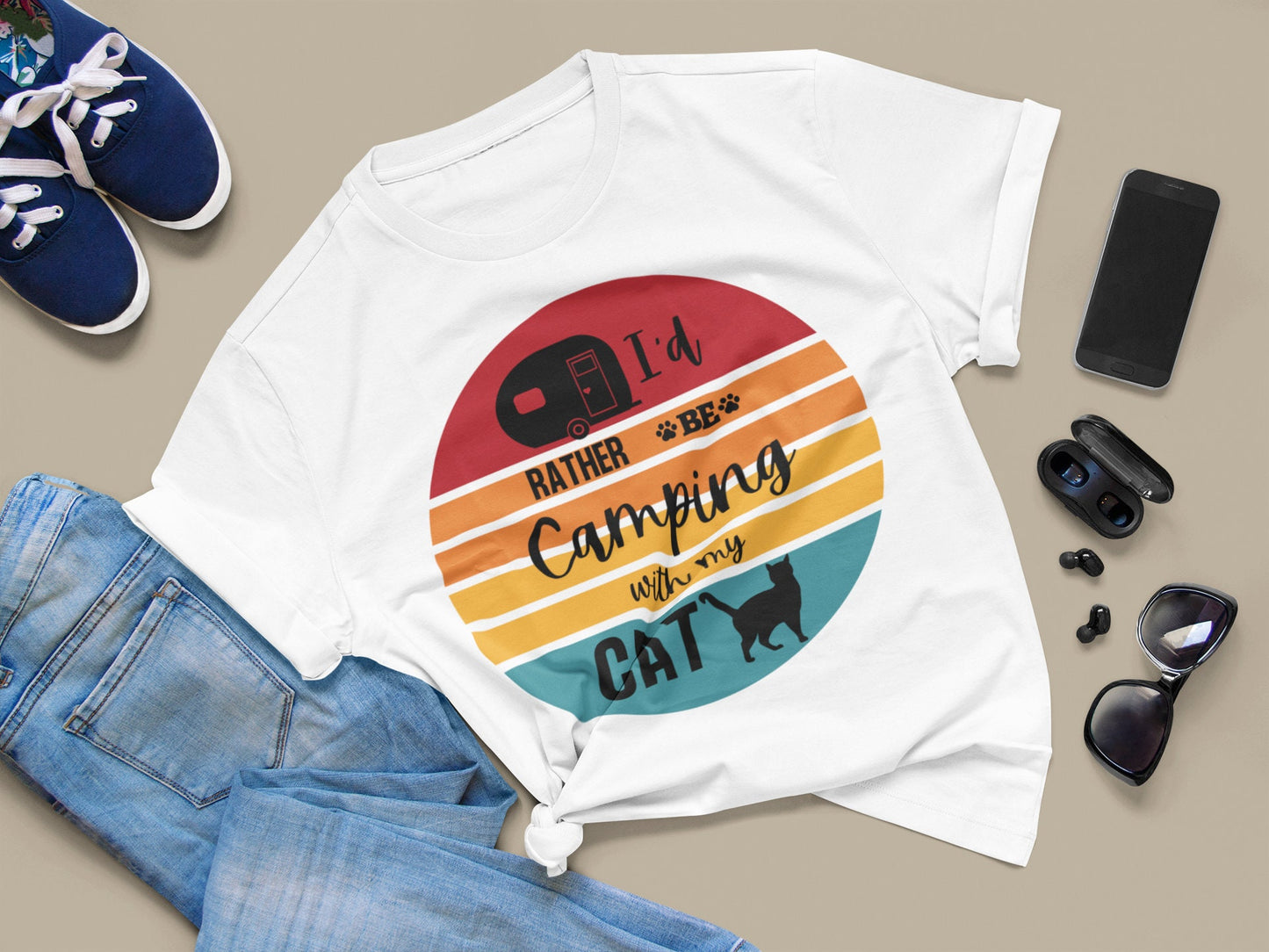 I'd Rather Be Camping with My Cat Retro Sunset Graphic | Short-Sleeve Unisex T-Shirt
