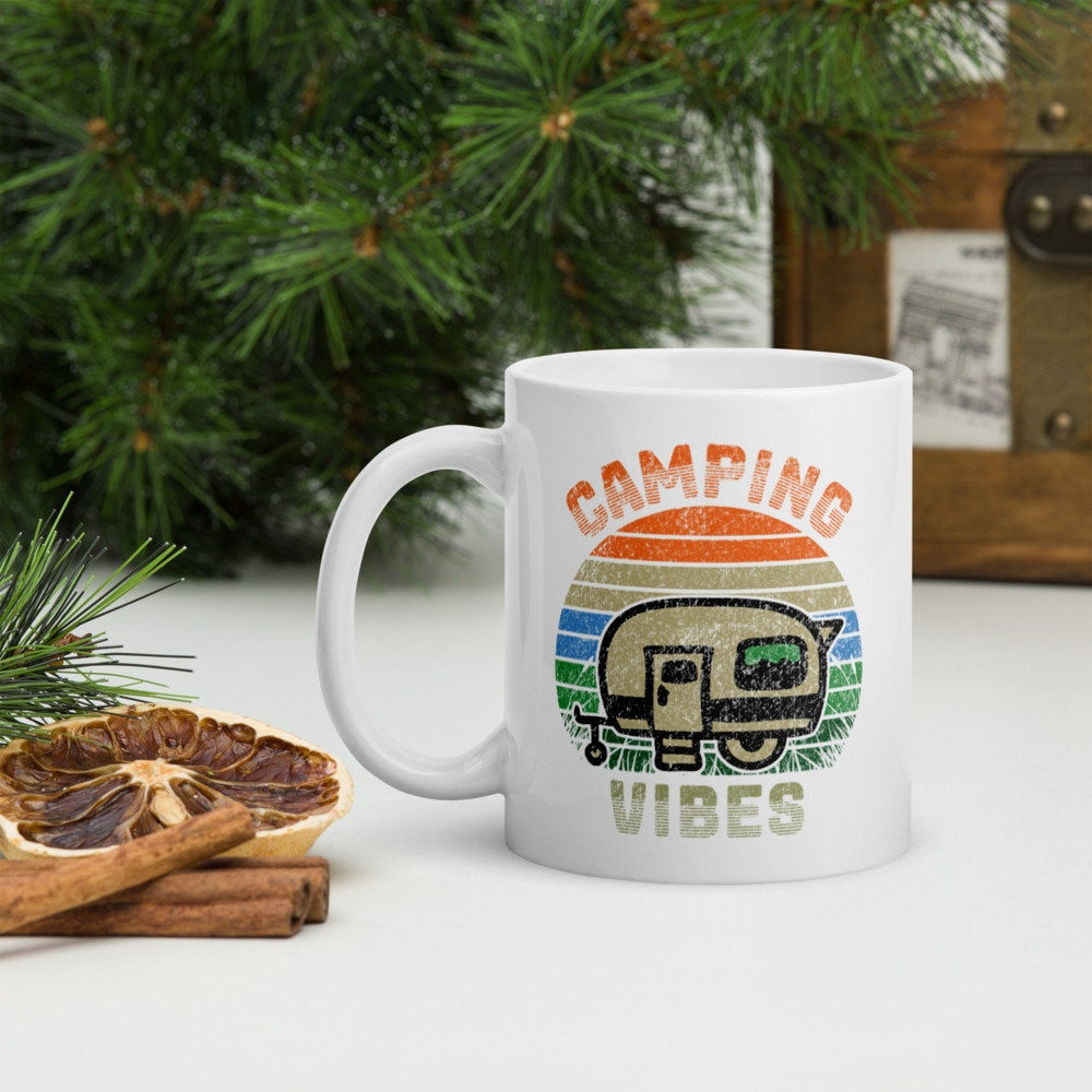 Cute Retro Vibes Sunset Camping Ceramic Mug, Gift for Camping Lover, Gift for RVer, Happy Camper, RV Mug for Trailer