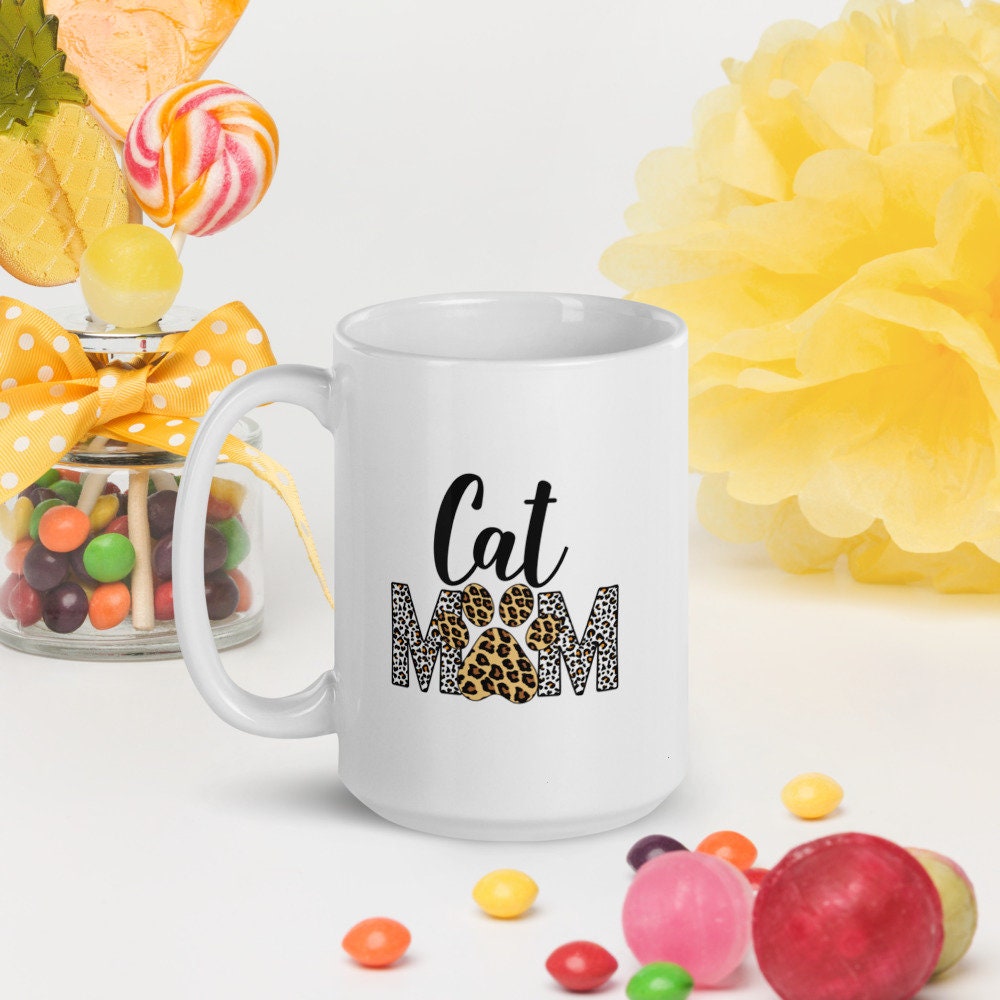 Leopard Print Cat Mom | White glossy mug
