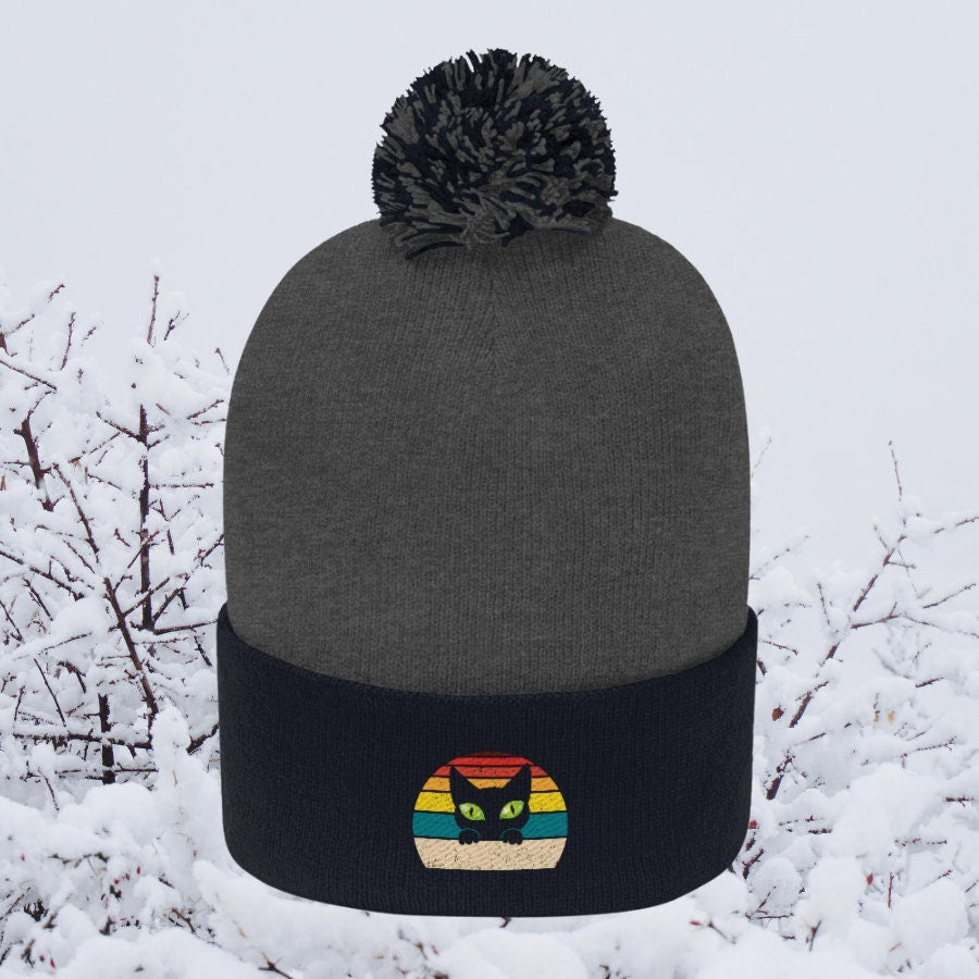 Cat Eyes Beanie, Cat Beanie, Funny Cat Eyes Gift, Cat Present, Cat Mom Beanie, Cat Dad Beanie, Cat Hat, Cat Toque, Pom Pom Beanie