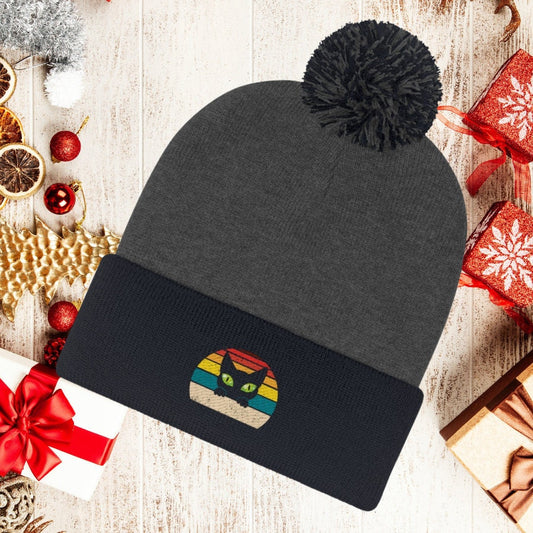 Cat Eyes Beanie, Cat Beanie, Funny Cat Eyes Gift, Cat Present, Cat Mom Beanie, Cat Dad Beanie, Cat Hat, Cat Toque, Pom Pom Beanie