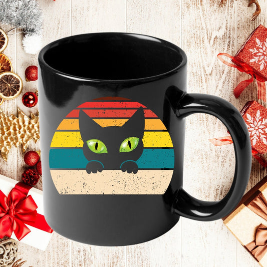 Green Cat Eyes Vintage Black Cat Mug, Cat Dad Mug, Cat Mom Mug, Cat Present, Cat Themed Gift, 11oz Black Mug