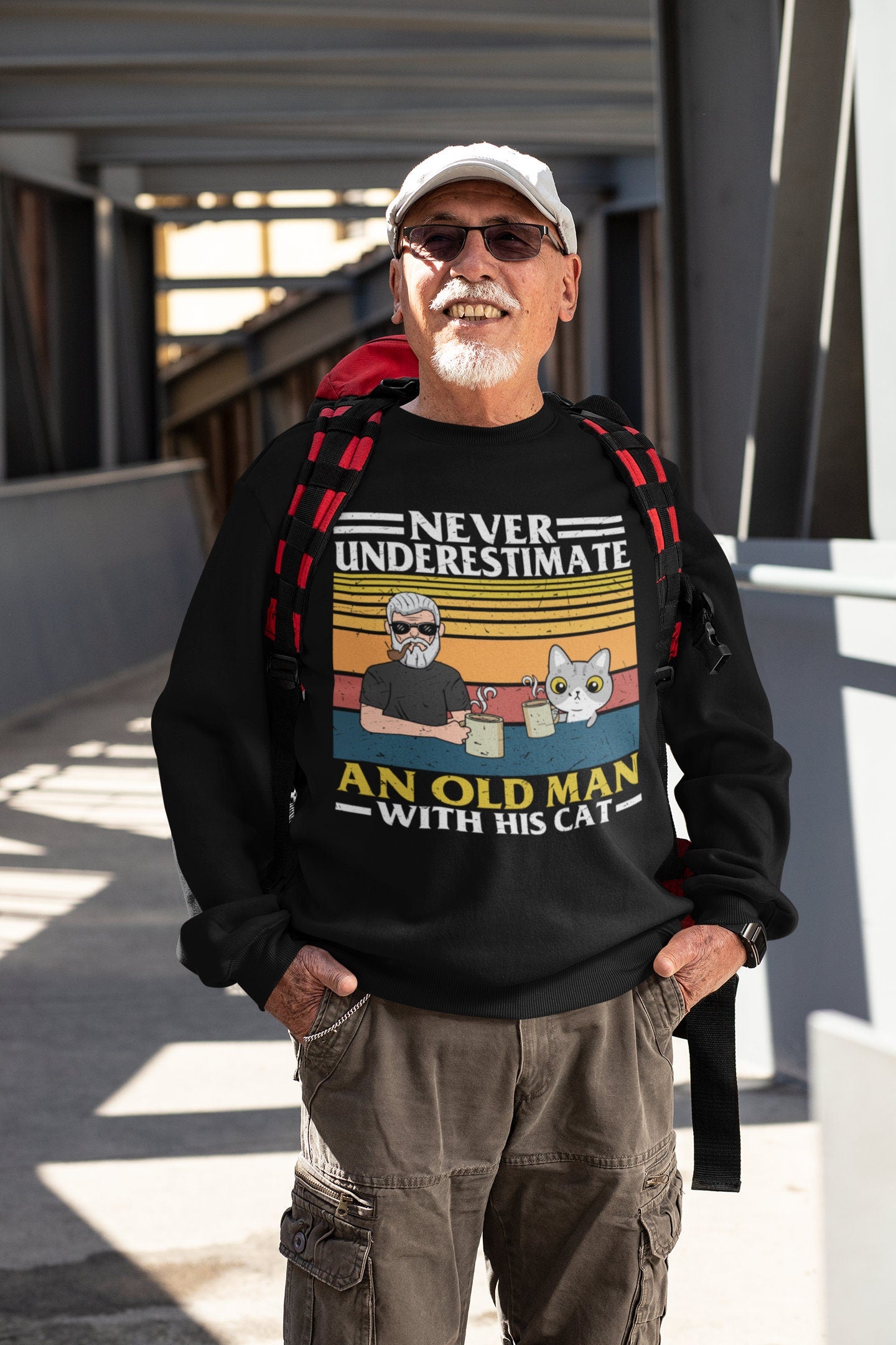 Never Underestimate an Old Man and His Cat, Cat Present, Cat Dad Gift, funny beer shirt, Unisex Heavy Blend Crewneck Sweatshirt
