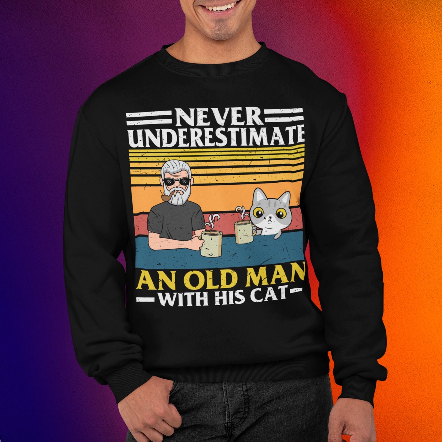 Never Underestimate an Old Man and His Cat, Cat Present, Cat Dad Gift, funny beer shirt, Unisex Heavy Blend Crewneck Sweatshirt