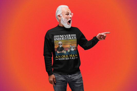 Never Underestimate an Old Man and His Cat, Cat Present, Cat Dad Gift, funny beer shirt, Unisex Heavy Blend Crewneck Sweatshirt