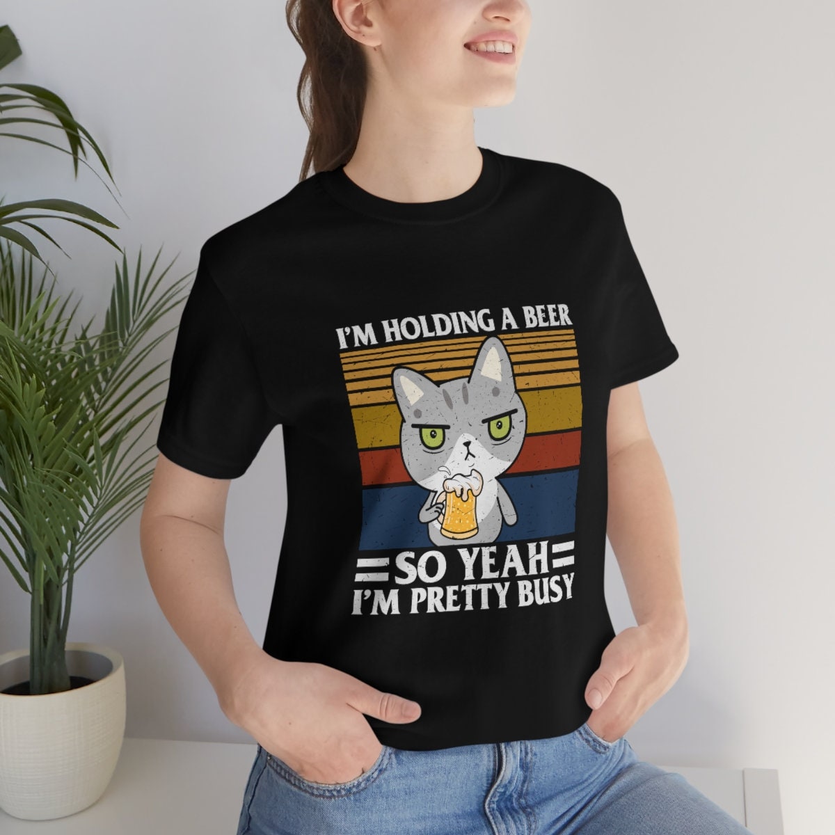 I'm Holding a Beer, Funny Cat Dad Mom Shirt, Cat Present, Cat Gift, Beer Lover Shirt, funny beer shirt, Unisex Jersey Short Sleeve Tee