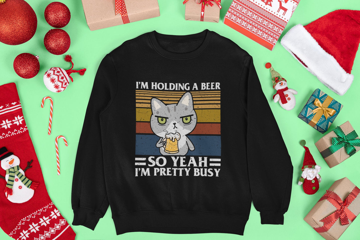 I'm Holding a Beer, Funny Cat Dad Mom Shirt, Cat Present, Cat Gift, Beer Lover, Funny Beer shirt, Unisex Heavy Blend Crewneck Sweatshirt