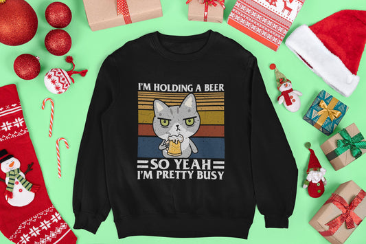 I'm Holding a Beer, Funny Cat Dad Mom Shirt, Cat Present, Cat Gift, Beer Lover, Funny Beer shirt, Unisex Heavy Blend Crewneck Sweatshirt