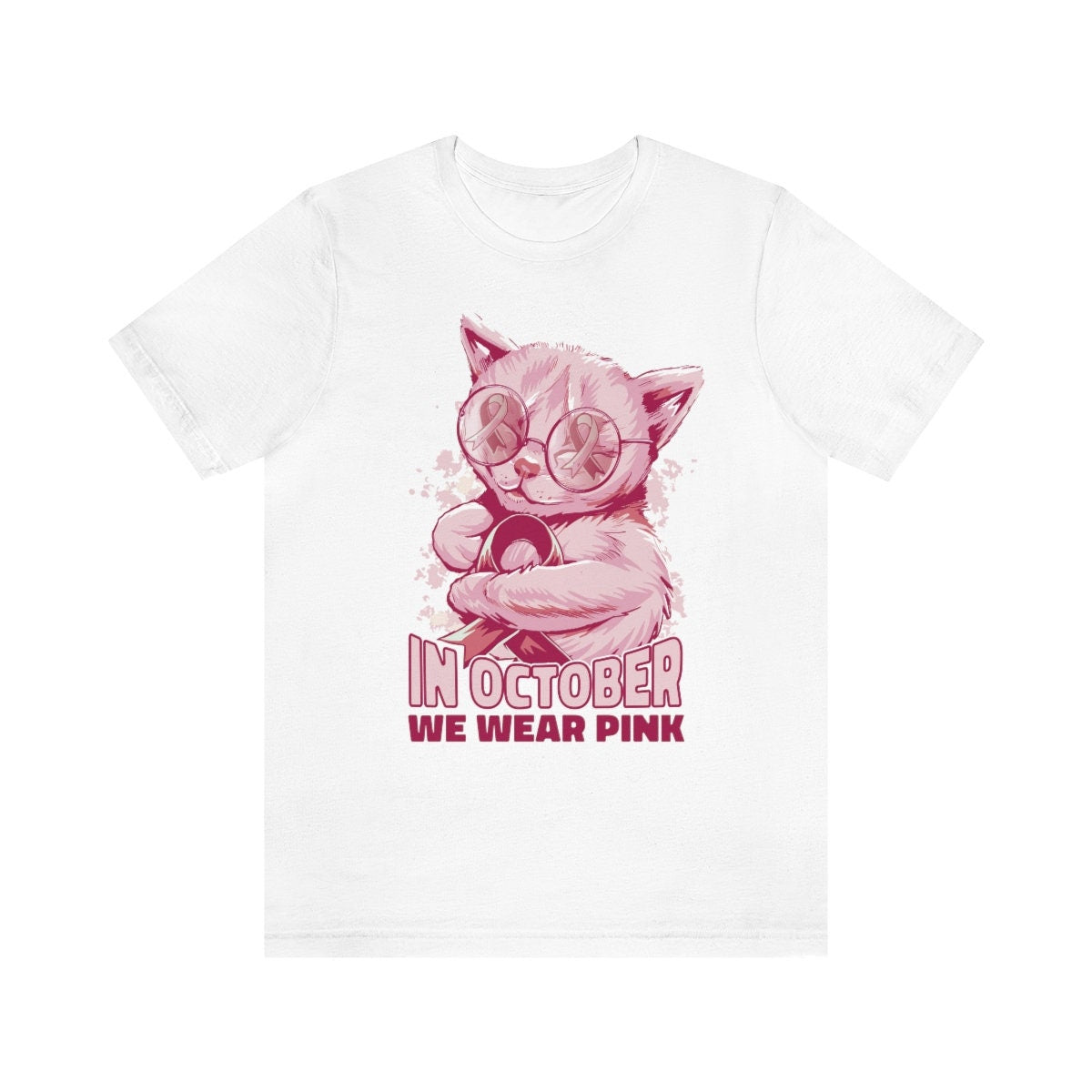 In October We Wear Pink, Breast Cancer Awareness Cat Shirt, Pink Cat October Tee, Cancer Awareness, Unisex Jersey Short Sleeve Tee
