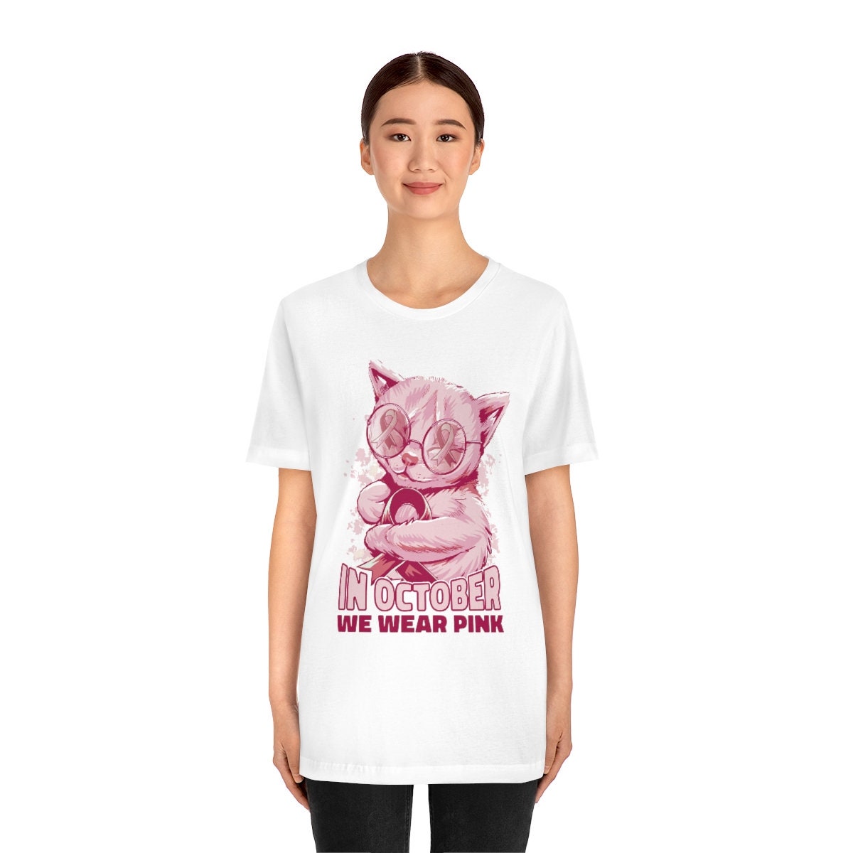 In October We Wear Pink, Breast Cancer Awareness Cat Shirt, Pink Cat October Tee, Cancer Awareness, Unisex Jersey Short Sleeve Tee