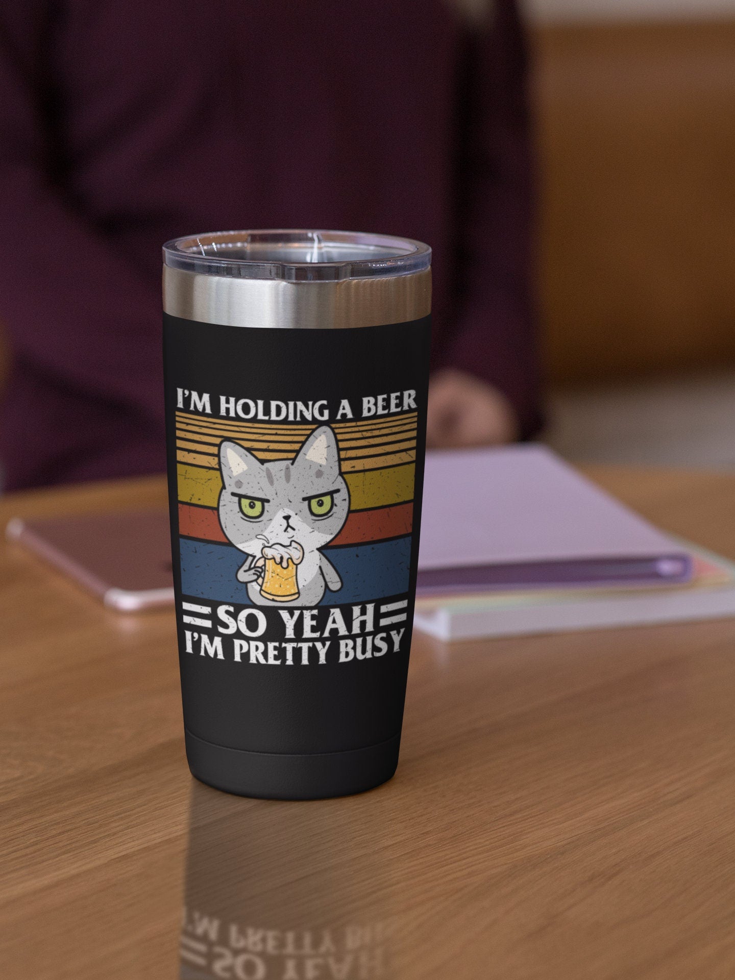 I'm Holding a Beer, Funny Cat Dad Mom Shirt, Cat Present, Cat Gift, Beer Lover, Funny Beer shirt, Ringneck Tumbler, 20oz