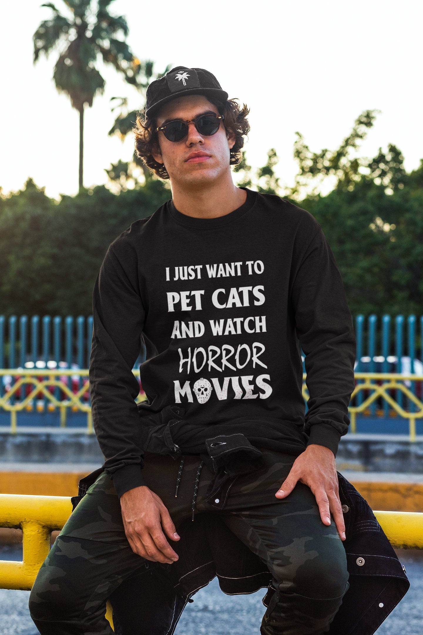 I Just Want to Pet Cats and Watch Horror Movies, Horror Movie Shirt, Cat Dad Shirt, Halloween Cat Dad Shirt, Ultra Cotton Long Sleeve Tee