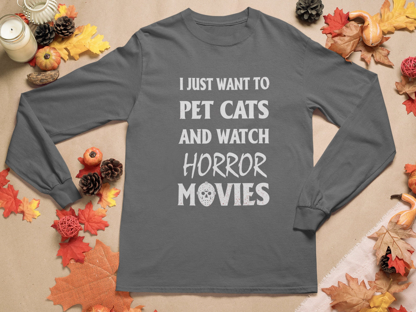 I Just Want to Pet Cats and Watch Horror Movies, Horror Movie Shirt, Cat Dad Shirt, Halloween Cat Dad Shirt, Ultra Cotton Long Sleeve Tee