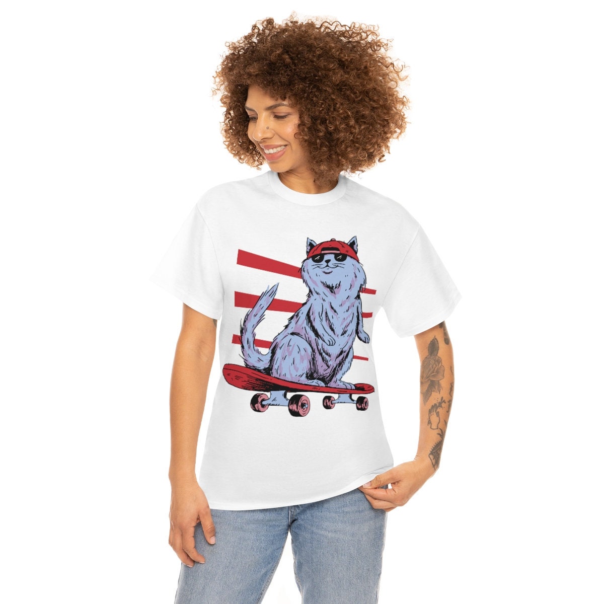 Cool Cat Wearing a Hat and Sunglasses Riding a Skateboard, Skateboarding Cat, Boarding Tee, Skater Shirt