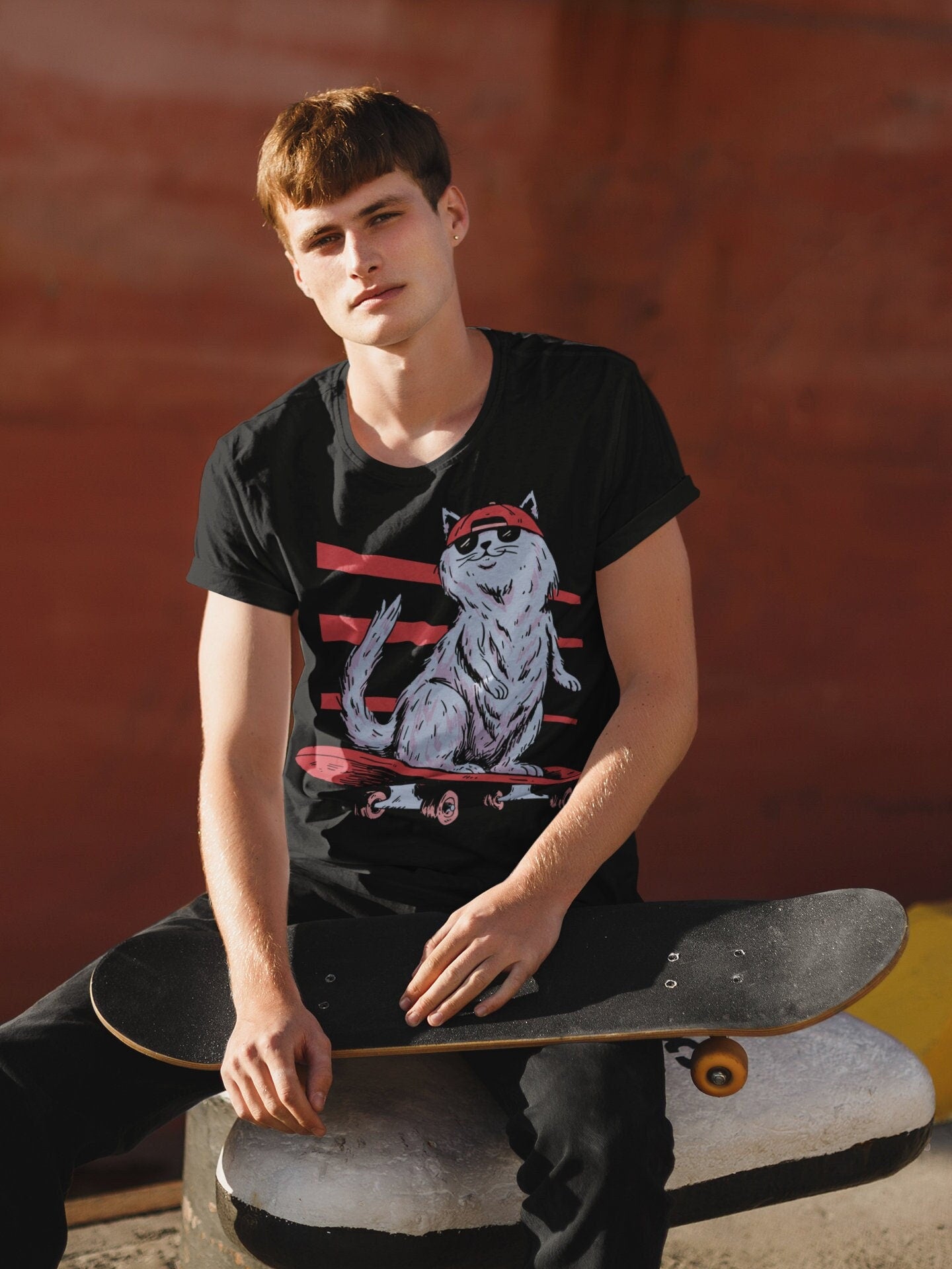 Cool Cat Wearing a Hat and Sunglasses Riding a Skateboard, Skateboarding Cat, Boarding Tee, Skater Shirt