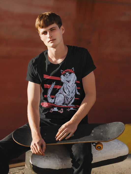 Cool Cat Wearing a Hat and Sunglasses Riding a Skateboard, Skateboarding Cat, Boarding Tee, Skater Shirt