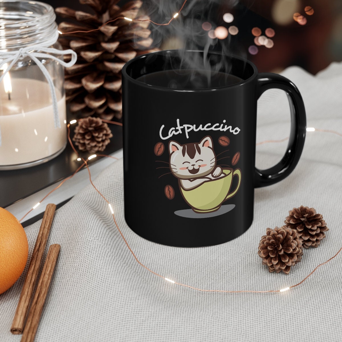 Catpuccino Cute Kitten in Coffee Cup, Mug for Cat Lover, Cute Kawaii Cat, Cat Dad Gift, Cat Mom Gift, Cat Present,  11oz Black Mug