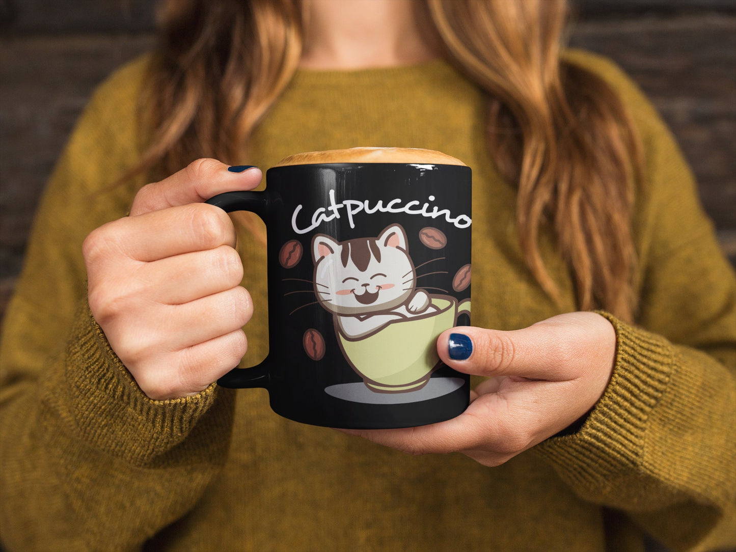 Catpuccino Cute Kitten in Coffee Cup, Mug for Cat Lover, Cute Kawaii Cat, Cat Dad Gift, Cat Mom Gift, Cat Present,  11oz Black Mug