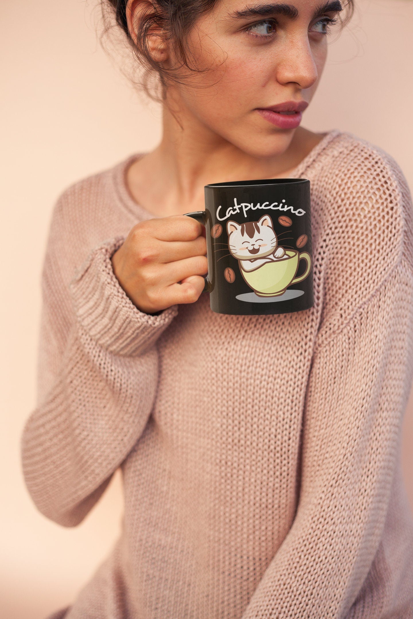 Catpuccino Cute Kitten in Coffee Cup, Mug for Cat Lover, Cute Kawaii Cat, Cat Dad Gift, Cat Mom Gift, Cat Present,  11oz Black Mug