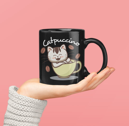 Catpuccino Cute Kitten in Coffee Cup, Mug for Cat Lover, Cute Kawaii Cat, Cat Dad Gift, Cat Mom Gift, Cat Present,  11oz Black Mug