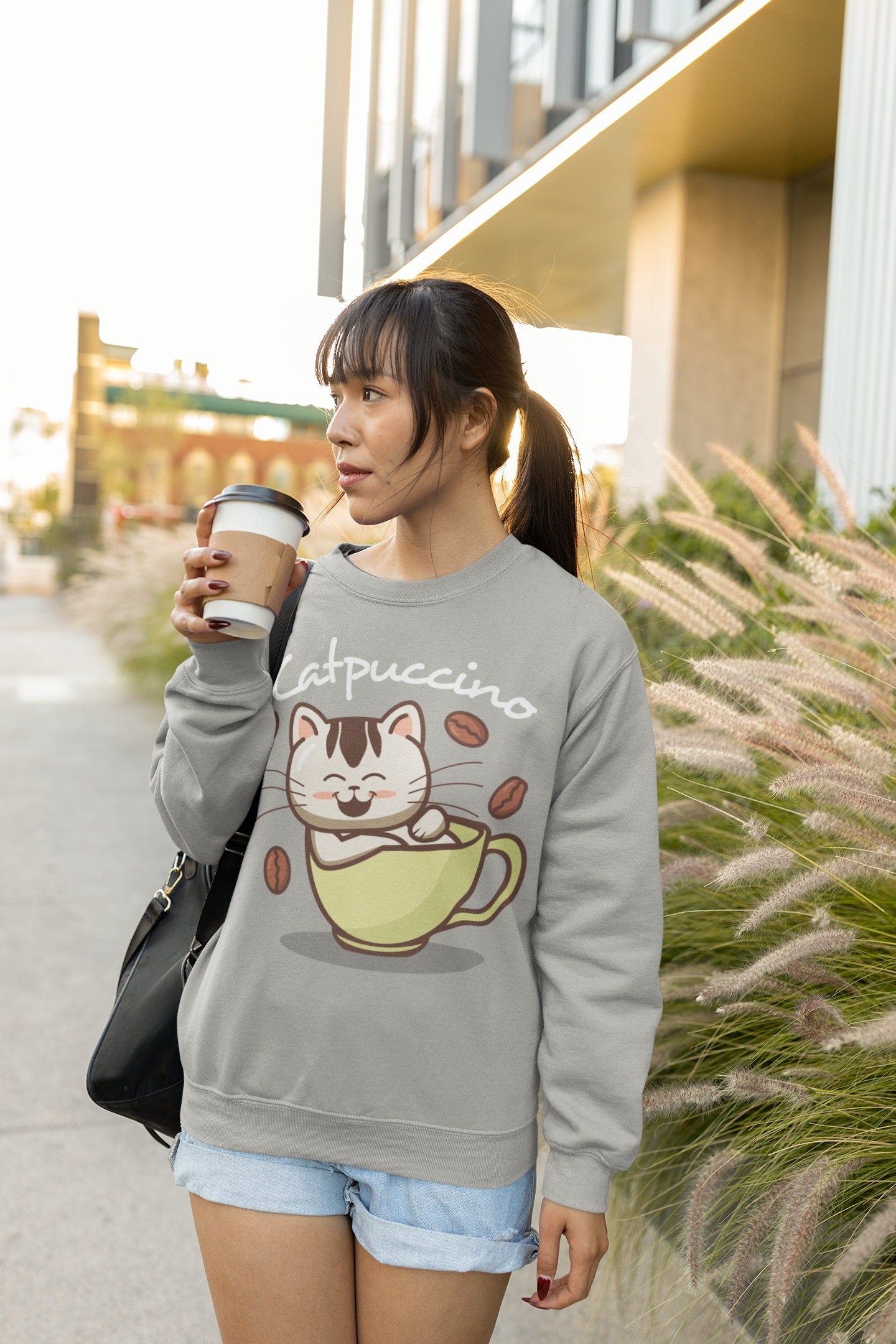 Catpuccino Cute Kitten in Coffee Cup, Sweatshirt for Cat Coffee Lover, Cute Kawaii Cat, Cat Dad Mom Gift, Cat Present